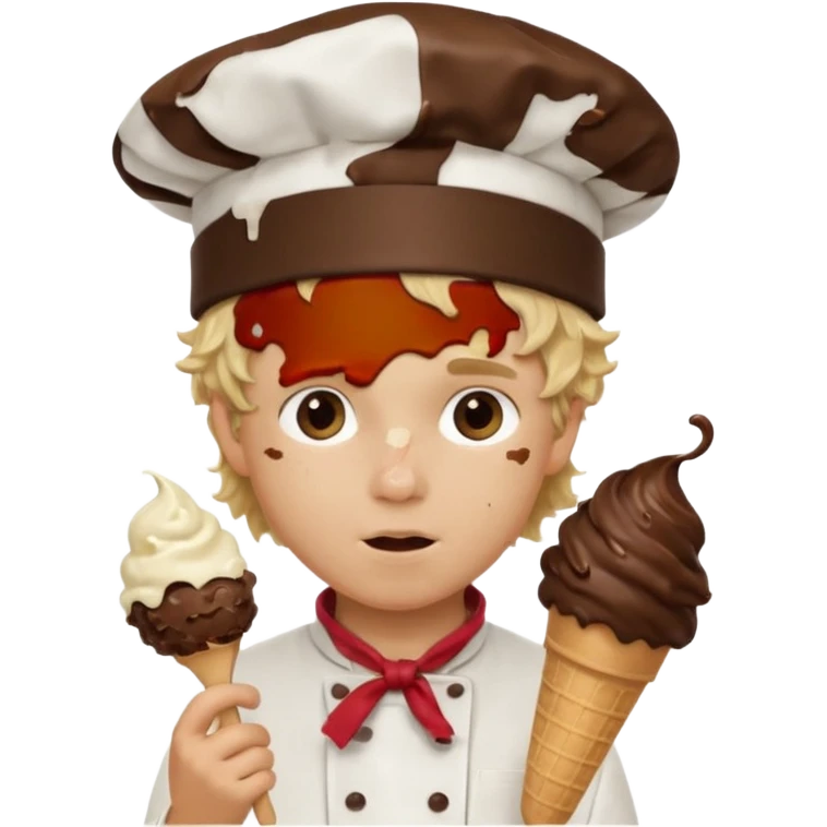boy blonde curly hair, chef, eating chocolate ice cream emoji