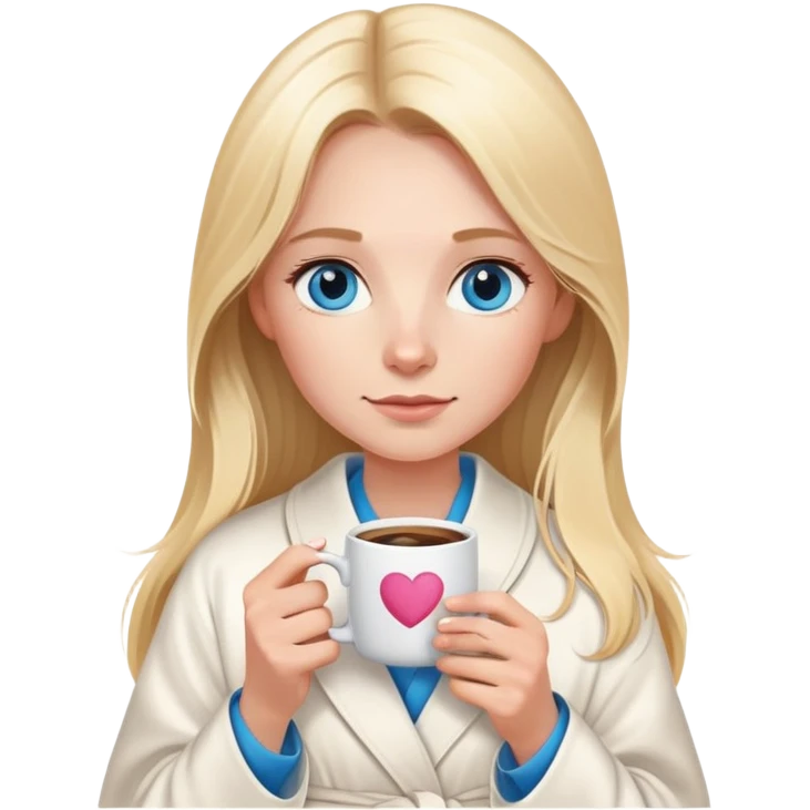 girl
blue eyes
long blond hair
wearing housecoat
holding a white mug of coffee that says mom
wearing rose gold apple watch  emoji