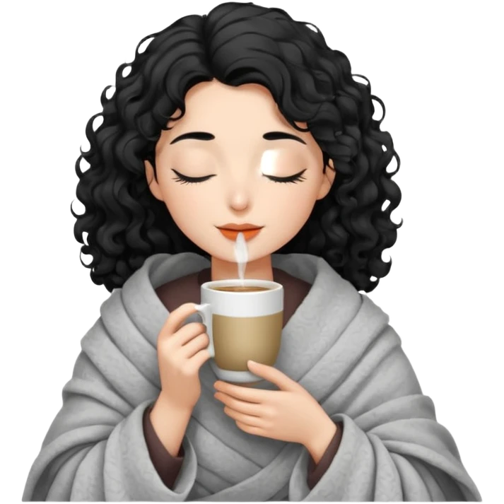 Gözleri kapalı, beyaz tenli ve dalgalı-kıvırcık siyah saçlı saç boyu orta omuzlarının biraz aşağısında bir kadın avatar, battaniyeye sarılmış halde beyaz bir Türk kahvesi fincanından içeceğini huzurla yudumluyor. emoji