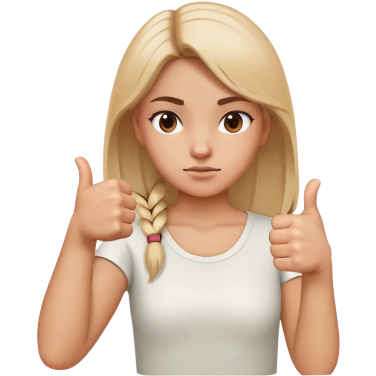 Girl with one hand clearly showing thumbs up gesture and other hand clearly showing thumbs down gesture, distinct opposing hand signals, mixed feelings facial expression emoji