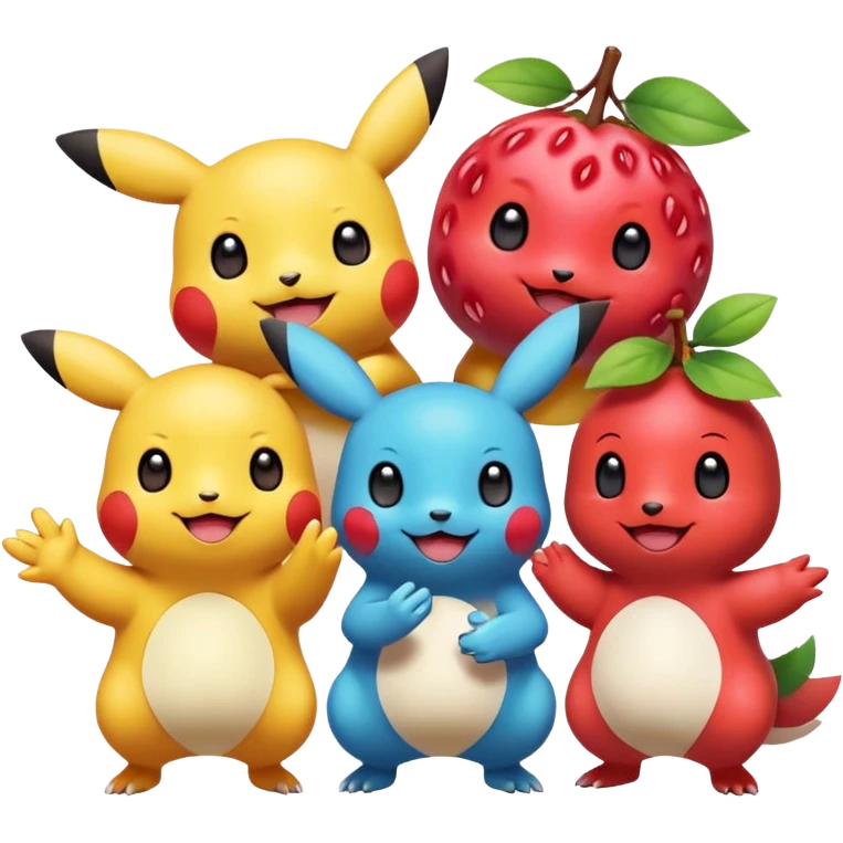 Three Pokémon characters showing kindness and teamwork. One Pokémon is handing a berry to another, while the third Pokémon is cheering and clapping happily. They look joyful and friendly, standing close together in a bright, colorful cartoon scene. The style is cute, playful, and emoji-like. emoji