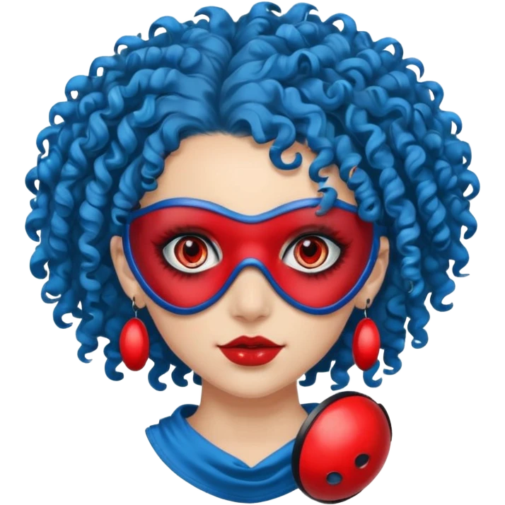 blue curly haired girl with huge earrings, wearing red paintball eye mask, emoji