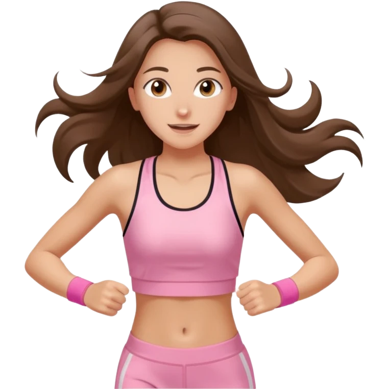 white happy brunette teen long hair with hazel eyes in light pink workout clothes jogging through race finish line emoji