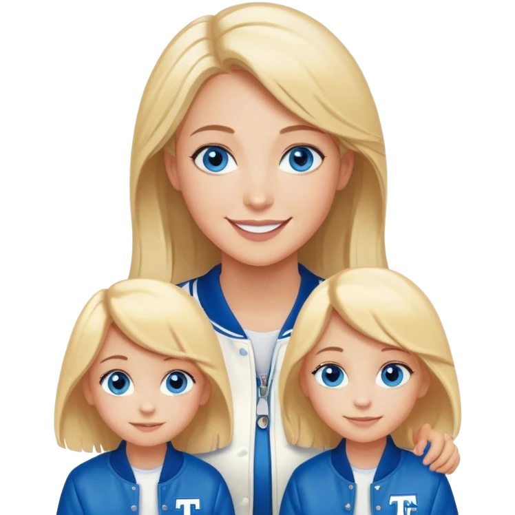 smiling mother in letterman jacket Blue eyes, Name is Tini, two Little girls blond and Blue eyes emoji