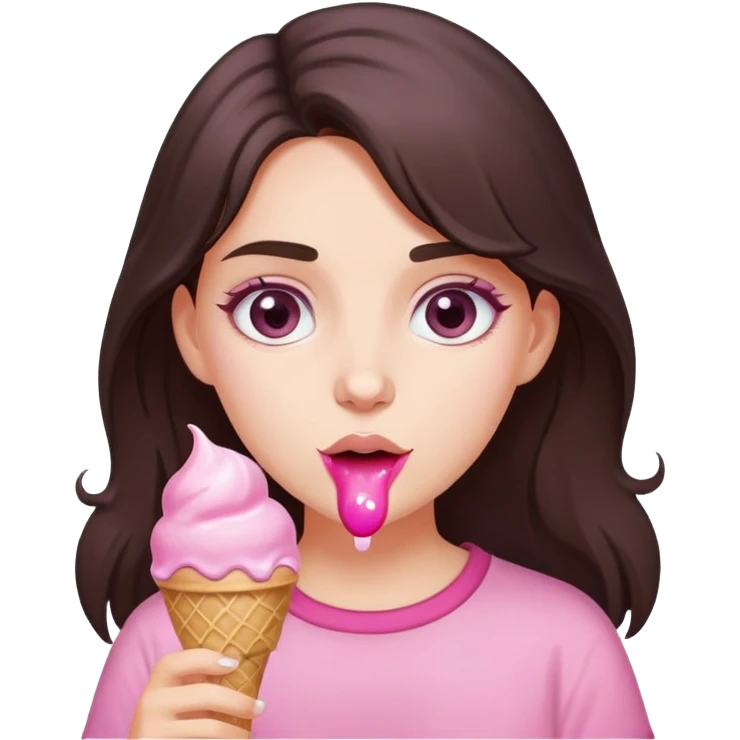 brunet girl with grey eyes and light skin eat pink ice cream emoji