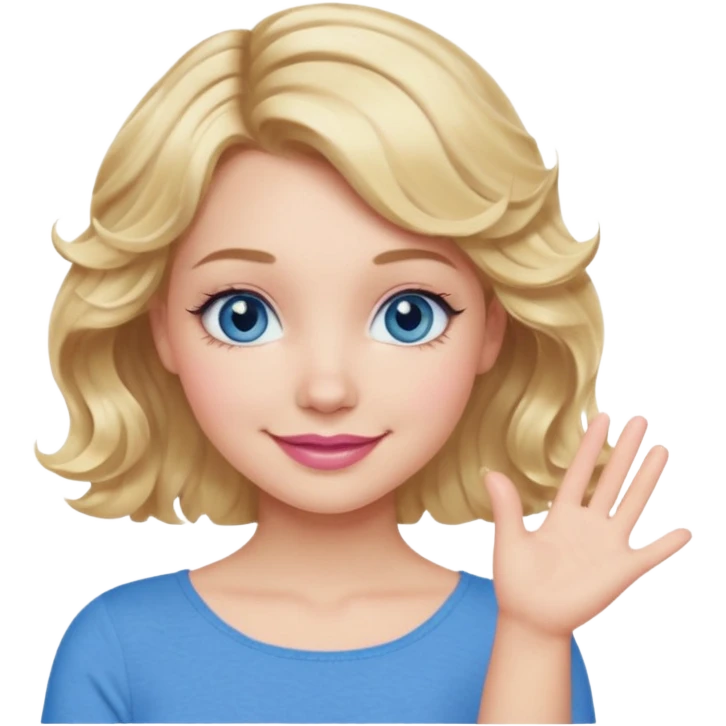 Girl Blonde short wavy hair,  blue eyes, cute blue top, long lashes, pink lips, smiling, one hand 🤷🏼‍♀️  emoji