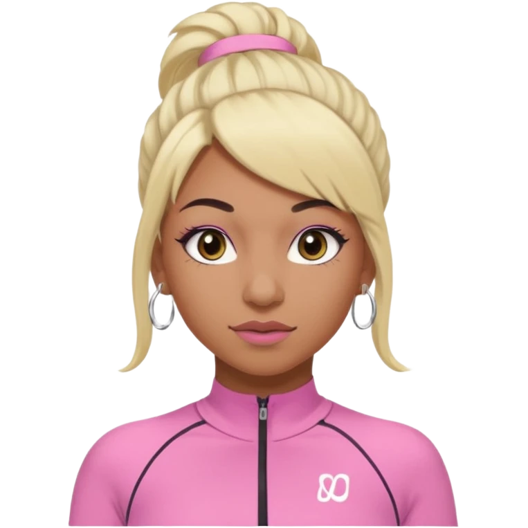 crée moi une jeune adulte brownskin au yeux brider marron foncer et une perruque blonde avec des baby hairs , un ensemble lululemone rose percing au nez et les oreilles remplis un petit full face de londonniennes des gros faux cils bien charger  emoji