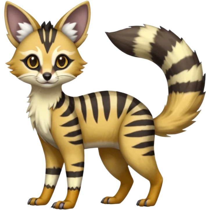 Civet-Genet-Possum-Serval-Caracal-Sergal-Trico-Numbat-Furret-fusion-Fakemon-hybrid-creature (full body) with long tufted ears and a striped tail emoji