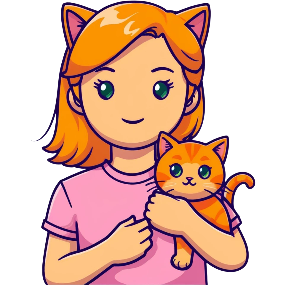 Blonde Woman with green eyes pink shirt holding an orange tabby cat emoji