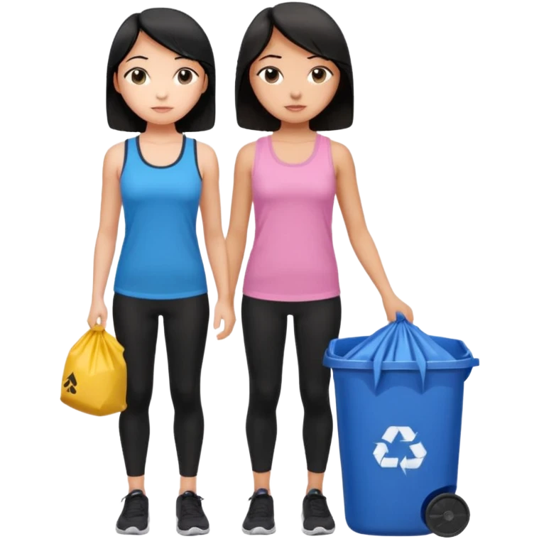 generate a genmoji of a black haired girl in a pink tank top and black leggings holding a black trash bag. Standing with her is a brunette girl in a similar blue tank top and black leggings.
Standing in front of a dustbin emoji