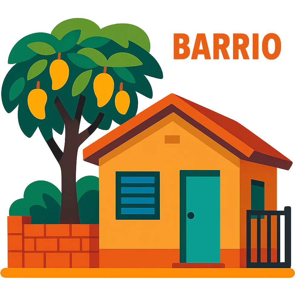 A light brown house from a barrio with a mango tree emoji