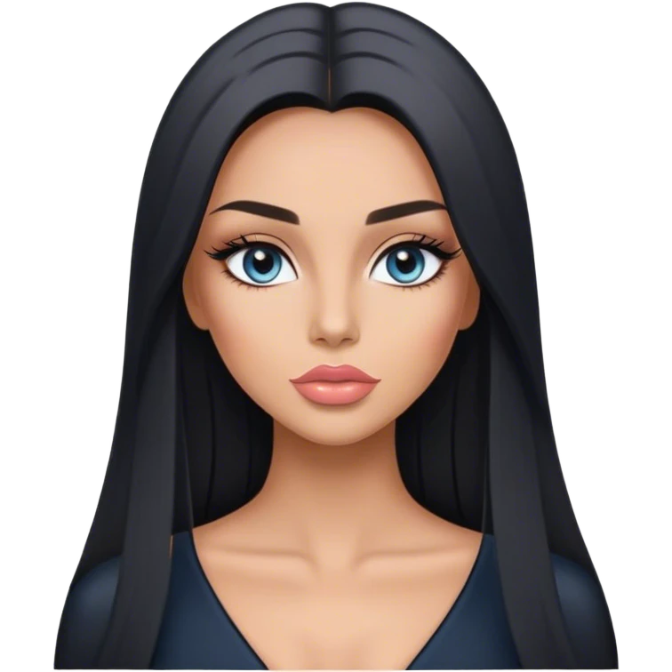 Glamours, tanned, very beautiful girl, with big pump peach-beige-rose lips, long long lashes, black straight smooth silky long hair, straight parting hair, blue-grey eyes in black clothes emoji