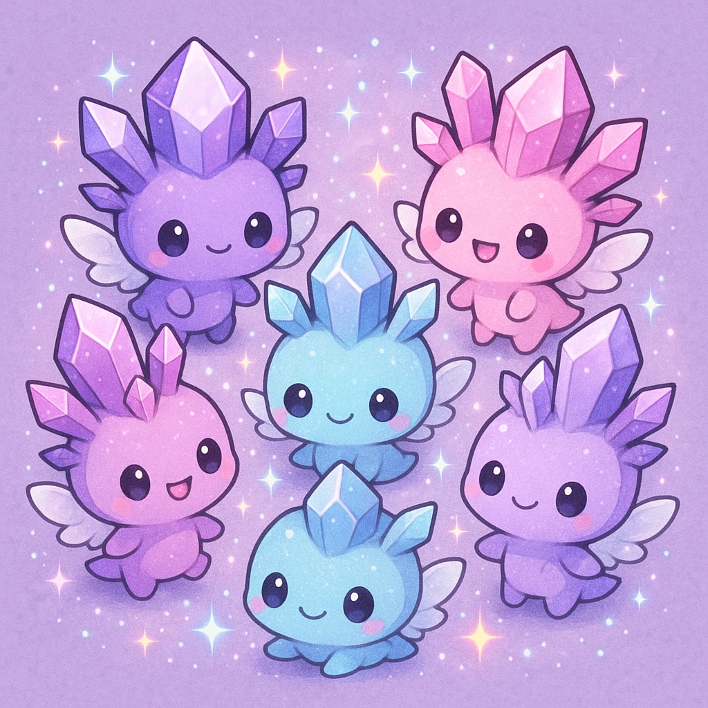 kawaii chibi style group of crystal sprite creatures in purple, blue, and pink, with tiny magical wings, gathered in a circle, sparkling magical effects, cute and whimsical emoji