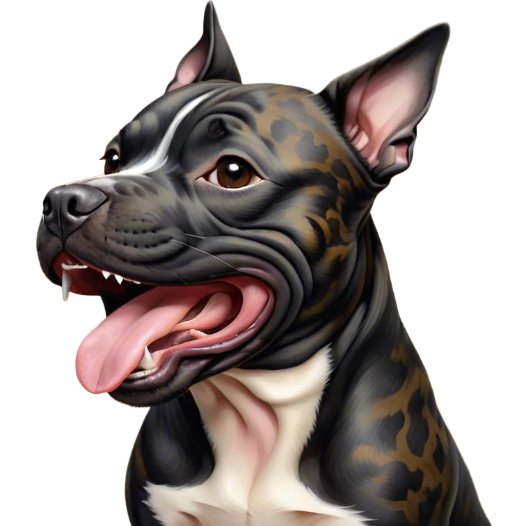 Cinematic Cute Yawning Black/Brindle Staffordshire Bull Terrier Portrait Emoji, Head tilted slightly with a dramatic, wide-open yawn, showcasing a smooth Fur with a striking black and brindle pattern, floppy ears slightly drooping, round dark eyes barely open in drowsy contentment, Simplified yet irresistibly adorable features, highly detailed, glowing with a soft, cozy glow, high shine, relaxed yet expressive, stylized with a touch of whimsy, bright and endearing, soft glowing outline, capturing the essence of a sleepy yet affectionate guardian, so drowsy it feels like it could stretch right out of the screen and curl up for a nap! emoji