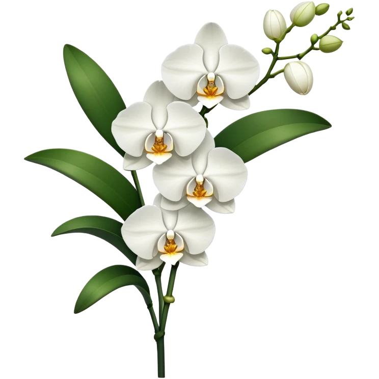 Single elegant orchid stem with several blooms on one stalk and a few green leaves at the base emoji