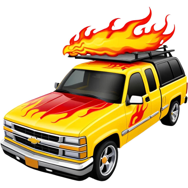 Bright yellow 1997 Chevy Silverado with custom airbrushed red flame paint job on hood extending to sides, exactly as in Kill Bill 'Pussy Wagon', 30-degree angle, iOS emoji style emoji