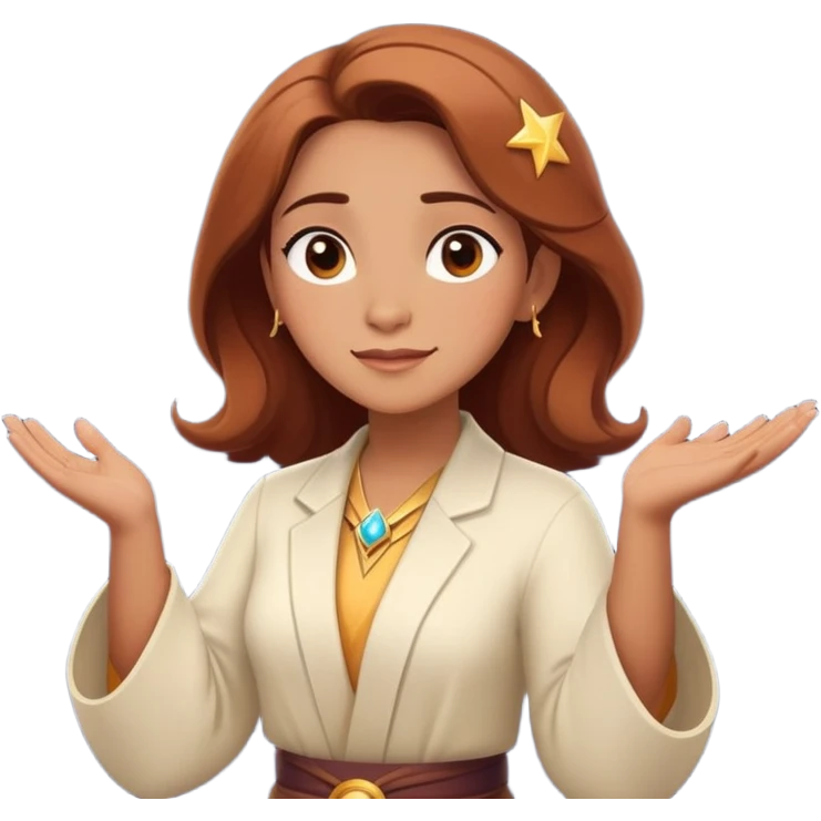 A Pixar-style sticker of a confident female astrologer based on the reference photo, giving a forecast with graceful gestures, stars twinkling around her, powerful stance and proud expression, white background emoji