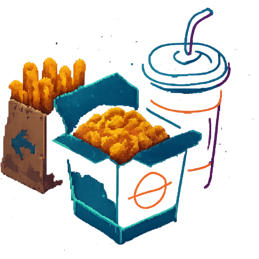 cyberpunk futuristic, 3d isometric, item image, video game item, inventory icon, the image depicts a small box of takeout, takeaway, chinese takeout food, delivery food. futuristic drive-through, fries, bag and drink. dystopian. pixelated retro video game graphics. a simple and basic classic traditional single box of asian takeout emoji