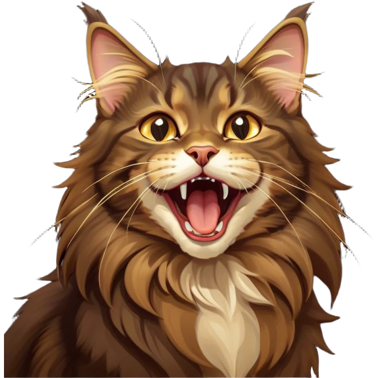 Cinematic Cute Dark Brown Maine Coon Cat Portrait Emoji, Head tilted playfully and yawning, sleek deep brown and gold tones with subtle hints of black, Simplified yet adorable features, highly detailed, glowing with a warm, friendly glow, high shine, curious and affectionate, stylized with a touch of whimsy, bright and alert, soft glowing outline, capturing the essence of a mischievous yet loving kitten, so endearing it feels like it could leap out of the screen and stretch with its fluffy tail swishing! emoji