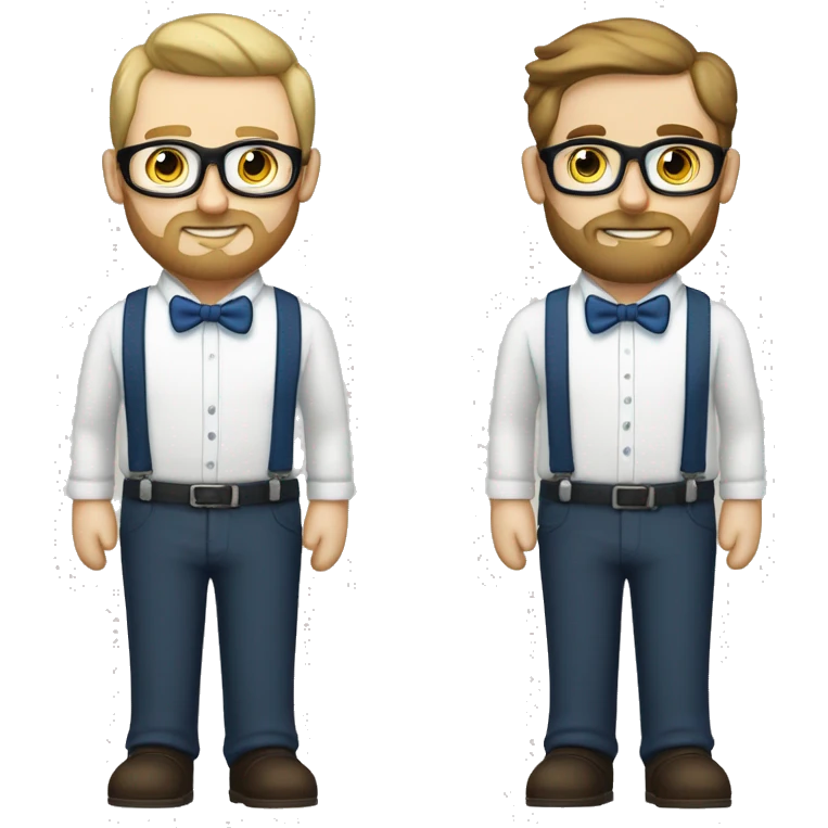 two groom, one with a dark beard and glasses and the other lighter beard with light hair and white skin. both same skin tone, wearing white shirts with blue suspenders and bowties emoji