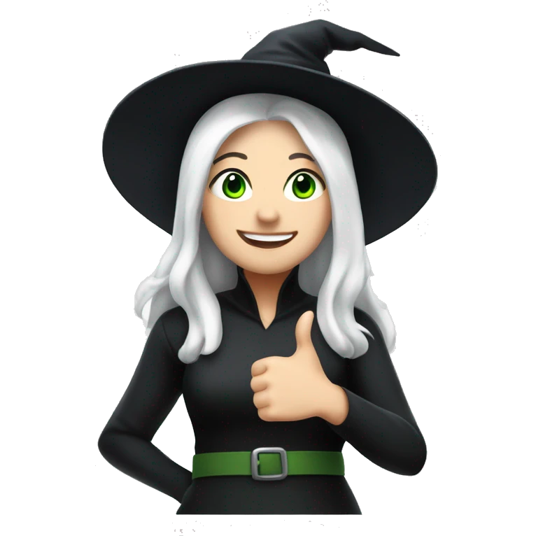 Young witch with white hair and cap, white skin, green eyes, thumbs up with black manicure  emoji