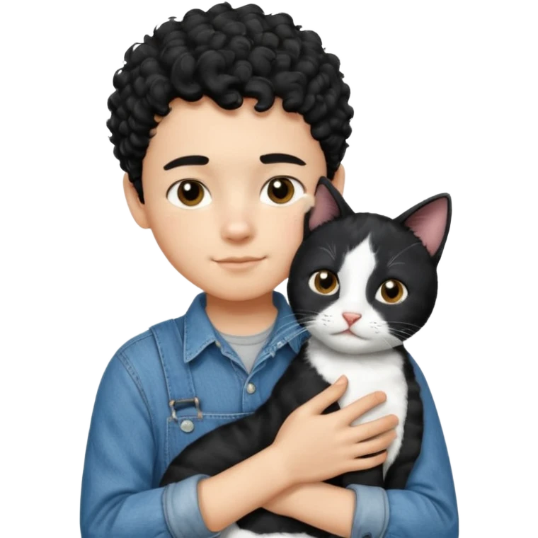 Apple emoji of a 13 year old boy with short black curly hair and dark brown eyes of light skin with denim shirt and overalls hugging a black and white cat emoji