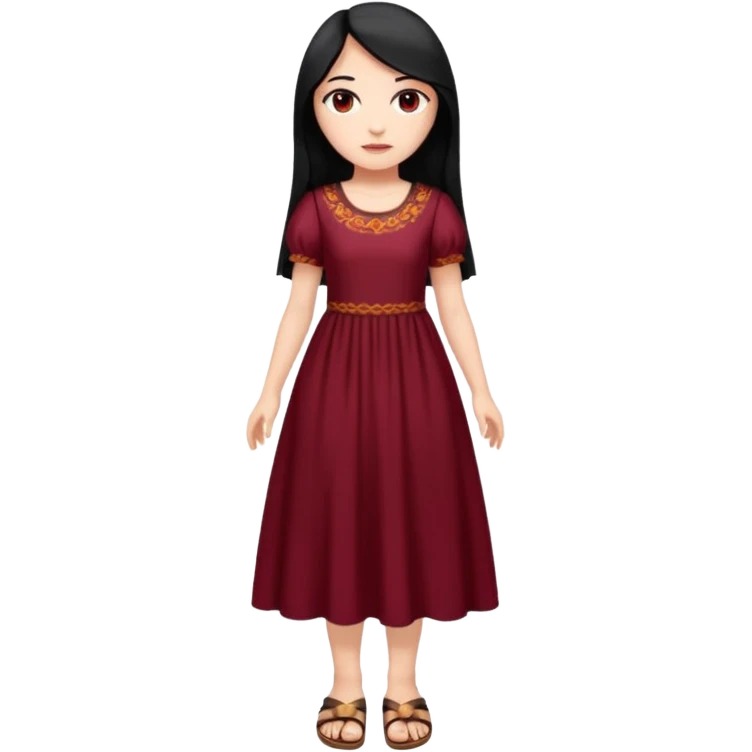 Chica blanca ,ojos marrones, vestido granate largo,manga corta,  cuerpo entero ,pelo negro y largo sandalias emoji