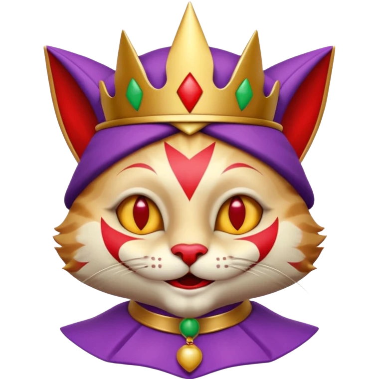 crazy colorful cute little cat jolly joker from poker, medieval, vintage, court jester, mac os icon, purple, gold and red color, half body. Squared shape as 3D mac os icon, skeuomorphic emoji