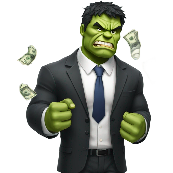 Hulk in torn business suit offering money emoji