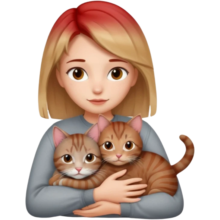 Une femme avec les cheveux dégradée, châtain et blond, qui fait un câlin à son chat gris, tigré avec des reflets roux emoji