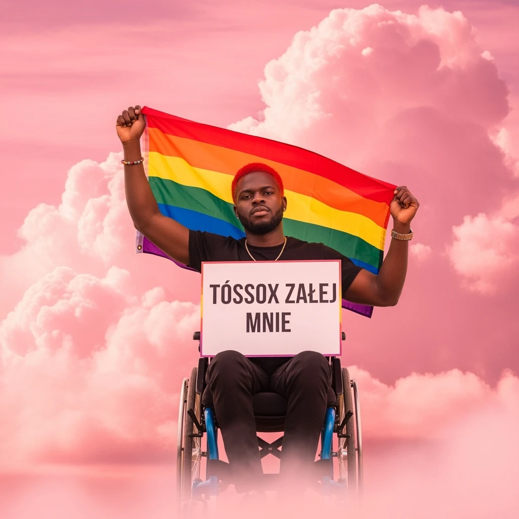 Black man with red hair sitting on wheelchair holding lgbt flag holding text "T0ssox zalej mnie" pink clouds around, pink sky with pink back light emoji