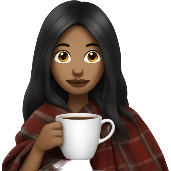 white woman long black hair wrapped in a blanket drinking coffee emoji