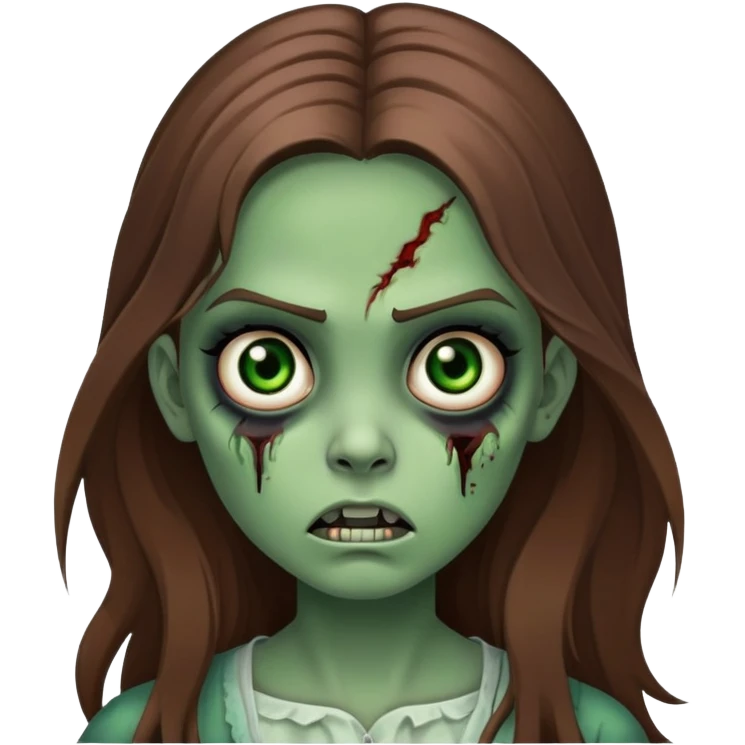 Girl zombie with long brown hair, green skin, black eyes with dark circles, and frightening expression emoji