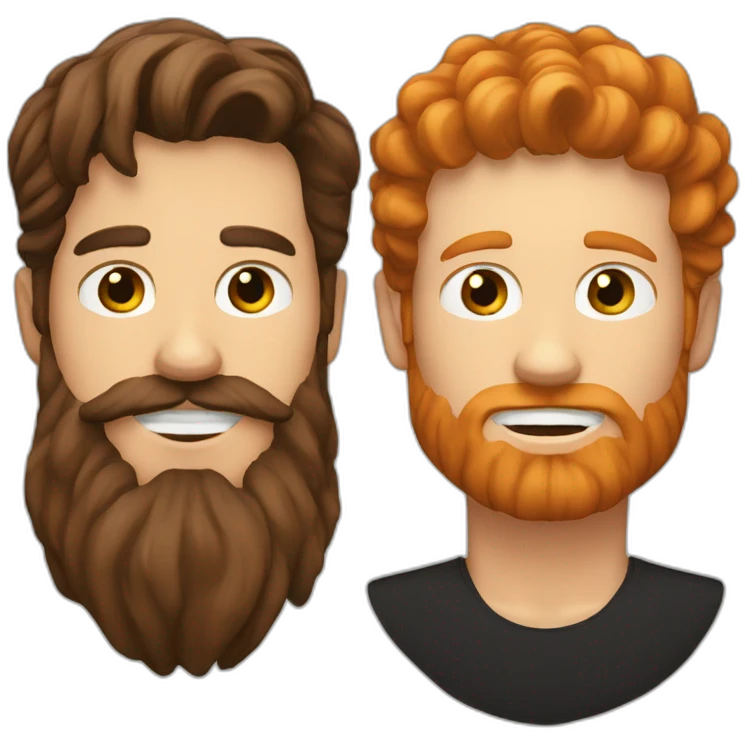 White guy with brown hair color and ginger beard kissing a white guy with black hair color emoji