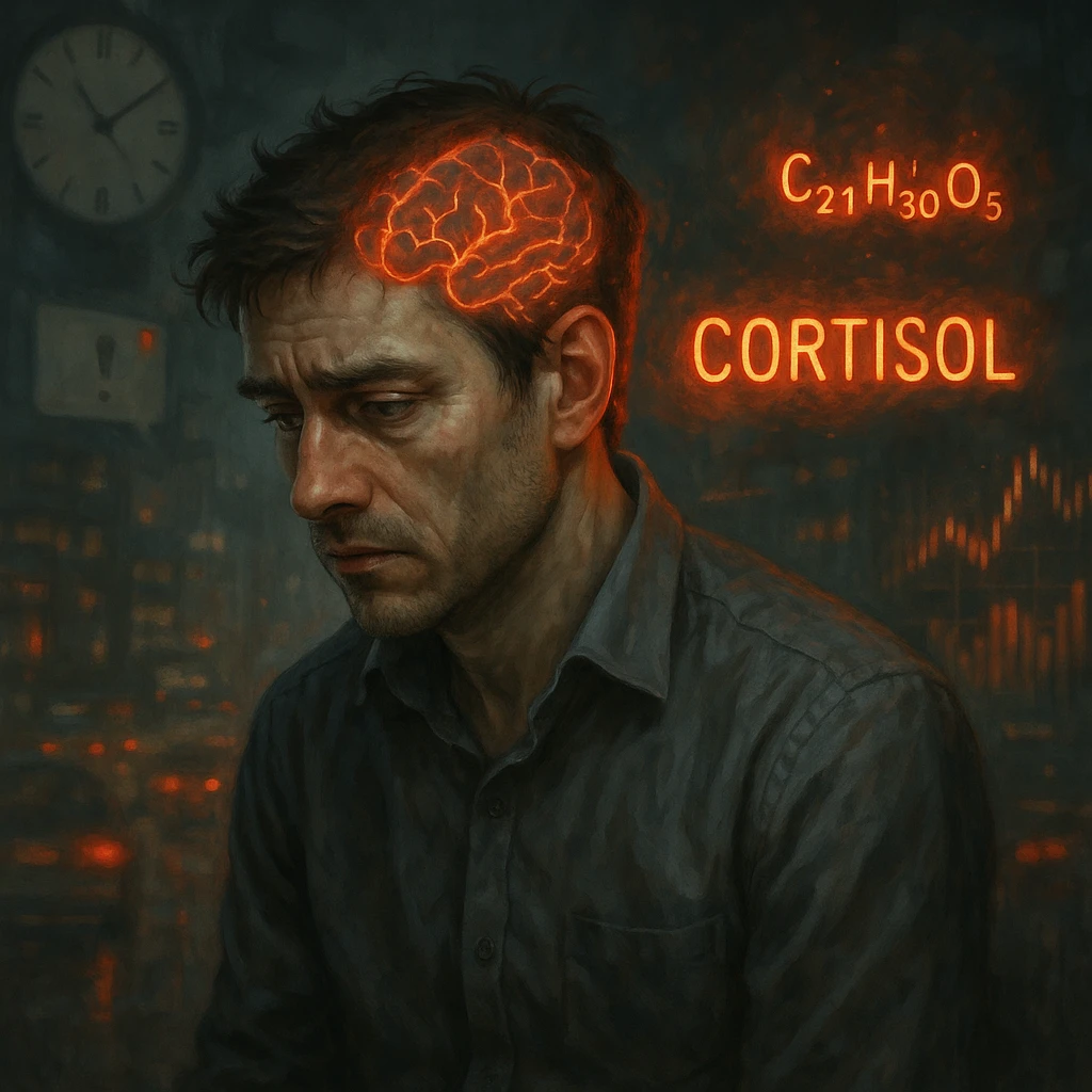 semi-realistic, symbolic surrealism, moody lighting; man in his 30s with visible signs of chronic stress: tired eyes, tense muscles, slightly hunched posture; glowing floating symbols for 'Cortisol' (chemical formula or word) with reddish-orange aura; chaotic blurred background with clocks, notifications, city traffic, financial charts; brain subtly visible with neural activity in red and orange, symbolizing hormonal overload; detailed facial expression emoji