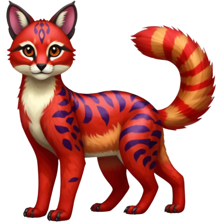 Vibrant-colored red-furred colorful painted marked patterned Asian glorious divine exotic cute cool beautiful shiny beautiful fantasy-caracal-civet-genet-sergal-vernid-Cacomistle-oncilla-animal-Fakémon-hybrid-fursona (full body) emoji