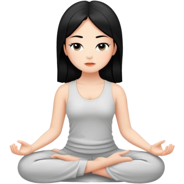 white girl with black hair, meditating, peaceful face emoji