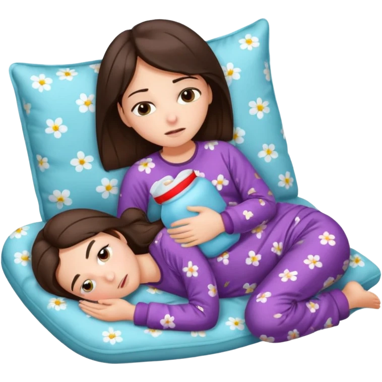 A brunette girl, with a pain face, lying on her side suffering from menstrual cramps, has a hot water bottle on her stomach. emoji