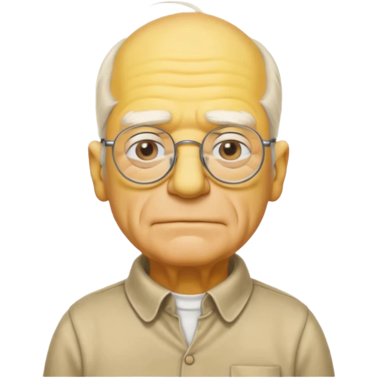A 3D cartoon close-up of Grandpa Abe Simpson, yellow skin, bald head with side tufts of white hair, glasses, wrinkled face, beige shirt with collar, soft yellow lighting, cinematic Memoji-style portrait consistent with other Simpsons family members, yellow dress. emoji