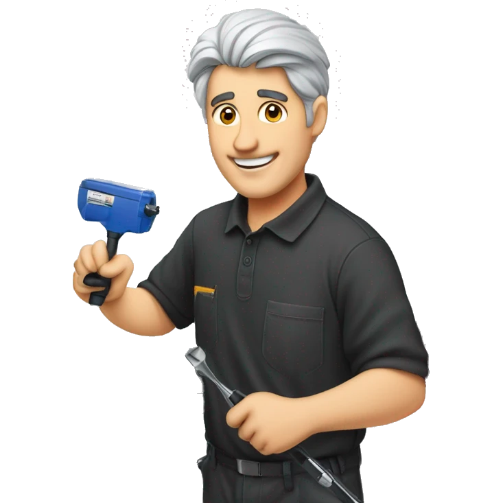 Technician with grey hair wearing a black polo shirt fixes a TV to a white wall of an exhibition Booth using a screwdriver emoji