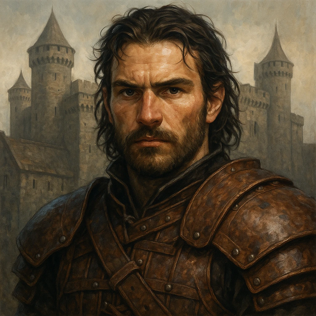 portrait of a warrior in leather armor, close-up face, direct look, medieval castle background, Game of Thrones inspired, DnD style, ArtStation quality, detailed illustration emoji