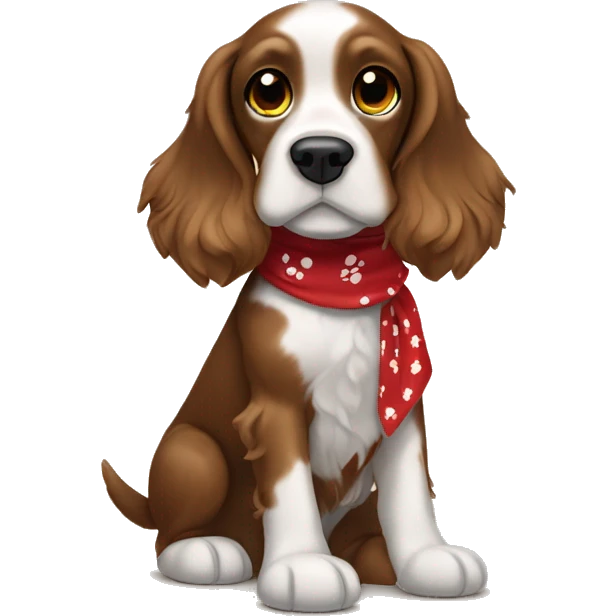 cocker spaniel brown with white paws dog wearing red bandana with black paw prints on it  emoji