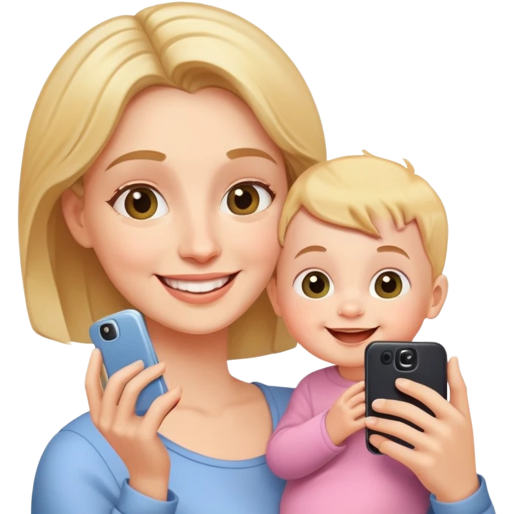 happy mother holding phone taking selfie with smiling baby emoji