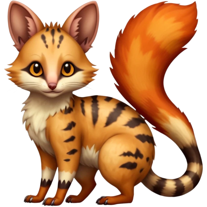 realistic  ember-rust copper fur molten with glowing magma seams and smoky tips beautiful elegant pretty precious cute  Fakémon-Pokémon-opossum-feline-serval-caracal-chinchilla-Furret-Minccino-hybrid-creature with a big fluffy bushy tail (full body) emoji
