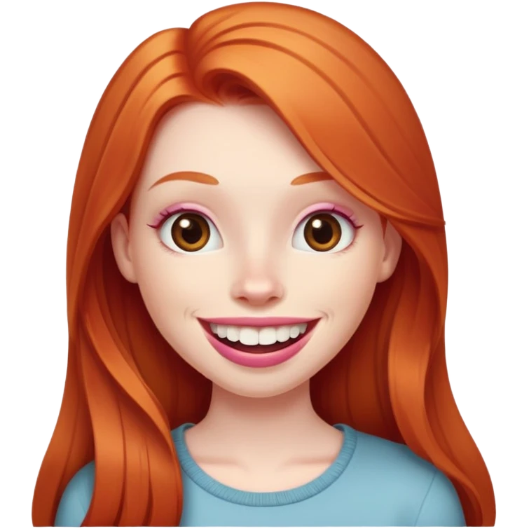 Young girl with pale skin, longer face, full pink lips smiling with big teeth, very long straight ginger red hair (no blonde at all), big brown eyes, bigger nose, big mouth emoji