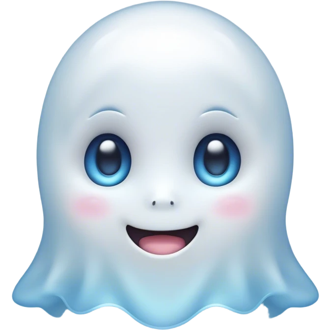 Cinematic Cute Ghost Portrait Emoji, with a playful, rounded translucent form in soft pastel whites and blues, featuring large, sparkling eyes and a gentle, mischievous smile, simplified yet irresistibly endearing, highly detailed with a soft glowing outline that captures the charm of a friendly spirit ready to float into your heart! emoji