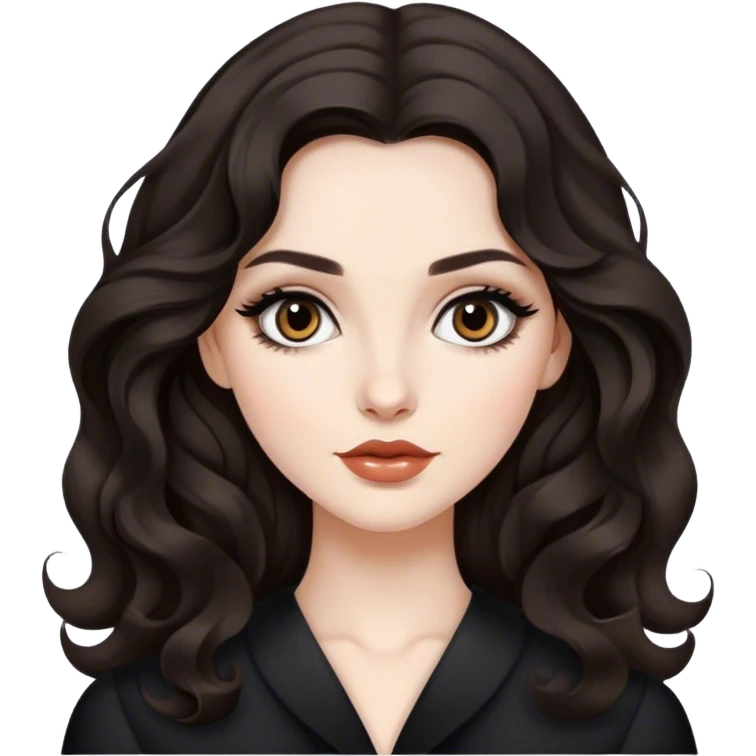 Beautiful girl,Black/dark brown hair, old Hollywood wavy hair, thick long hair, dark brown eyes, pale, clean, winged eyeliner emoji