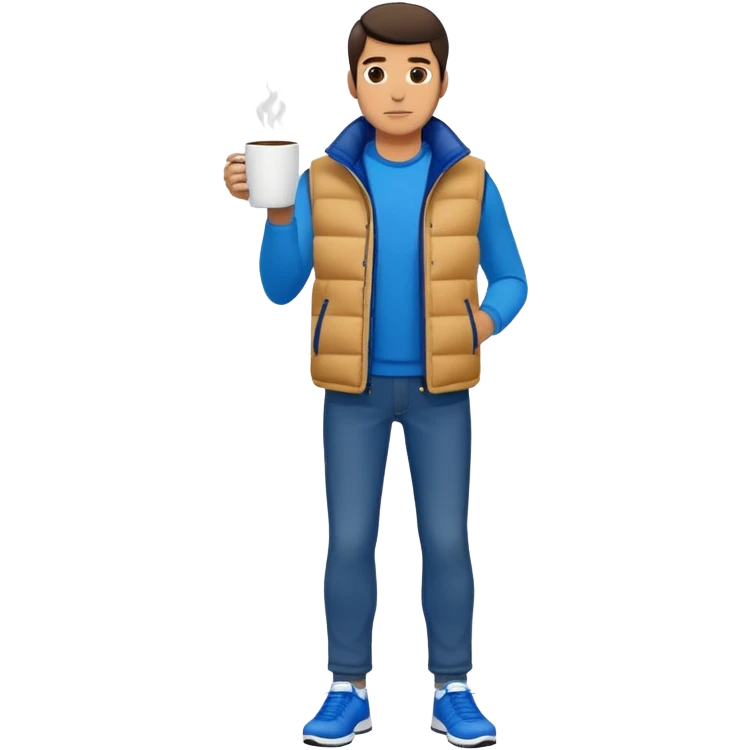 full body man with long sleeve white shirt with blue puffer winter vest with no pockets wearing straight blue jeans with no cuffs and black tennis shoes holding a coffee mug in one hand in front of him and nothing in the other hand emoji