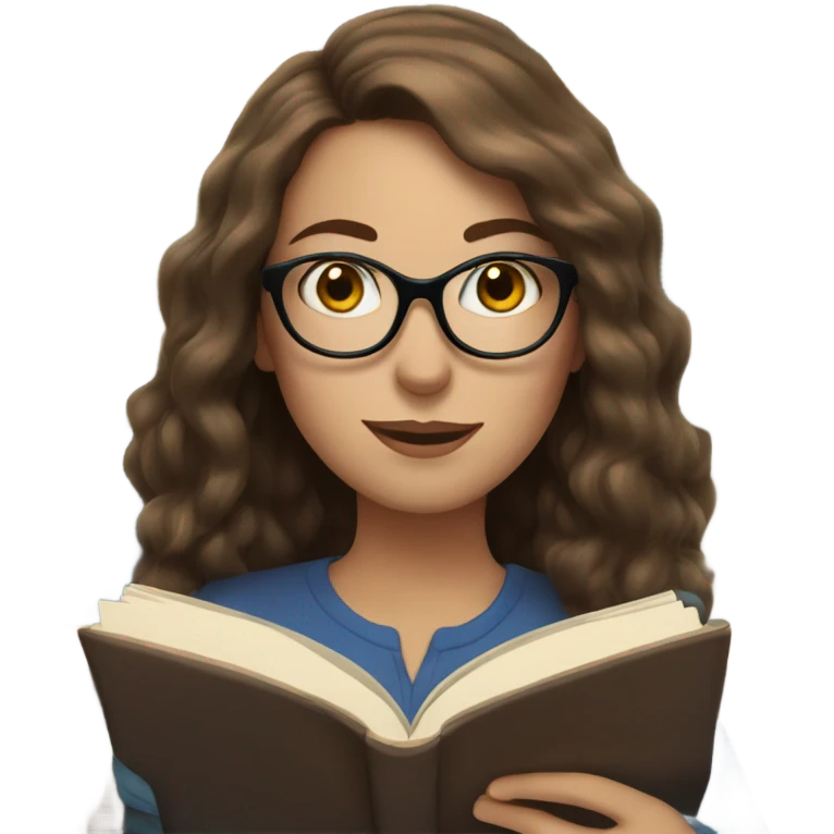 White woman with glasses, long brown hair and blue eyes reading a book emoji