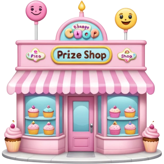 pastel pink cake shop with a 'Prize Shop' sign above the entrance, cakes on display, cute and inviting, emoji style emoji